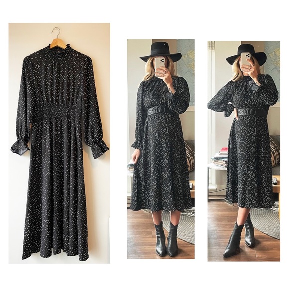 Vintage Inspired Polka Dot Mock Neck Long Sleeve Ruffle Detail Midi Maxi Dress